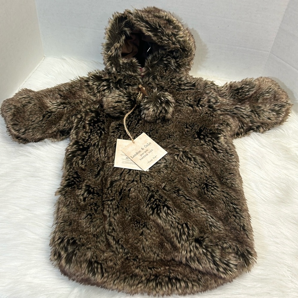 NWT London & Cole Brown Faux Fur Pom Pom Bunting Coat Size 0-6 Months